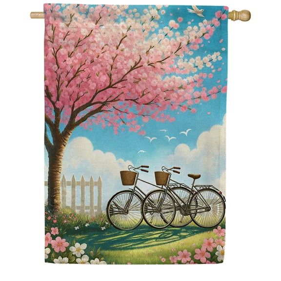 America Forever Spring Bicycle Flowers House Flag, 28 x 40 inch Double Sided, Bicycles and Blooming Cherry Tree, Spring Summer Floral Decorative Yard Flag for Seasonal Outdoor Home Decorations