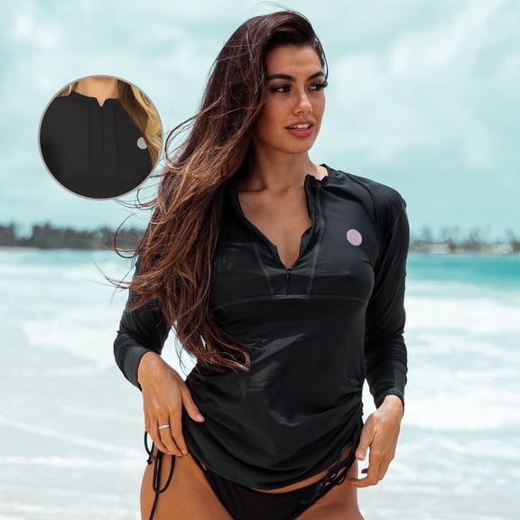 RELLECIGA Womens UPF50 Sun Protection Long Sleeve Rash guard Zipper Front Swimsuit Tankini Top Swim Shirt for Women Bathing Suit Black