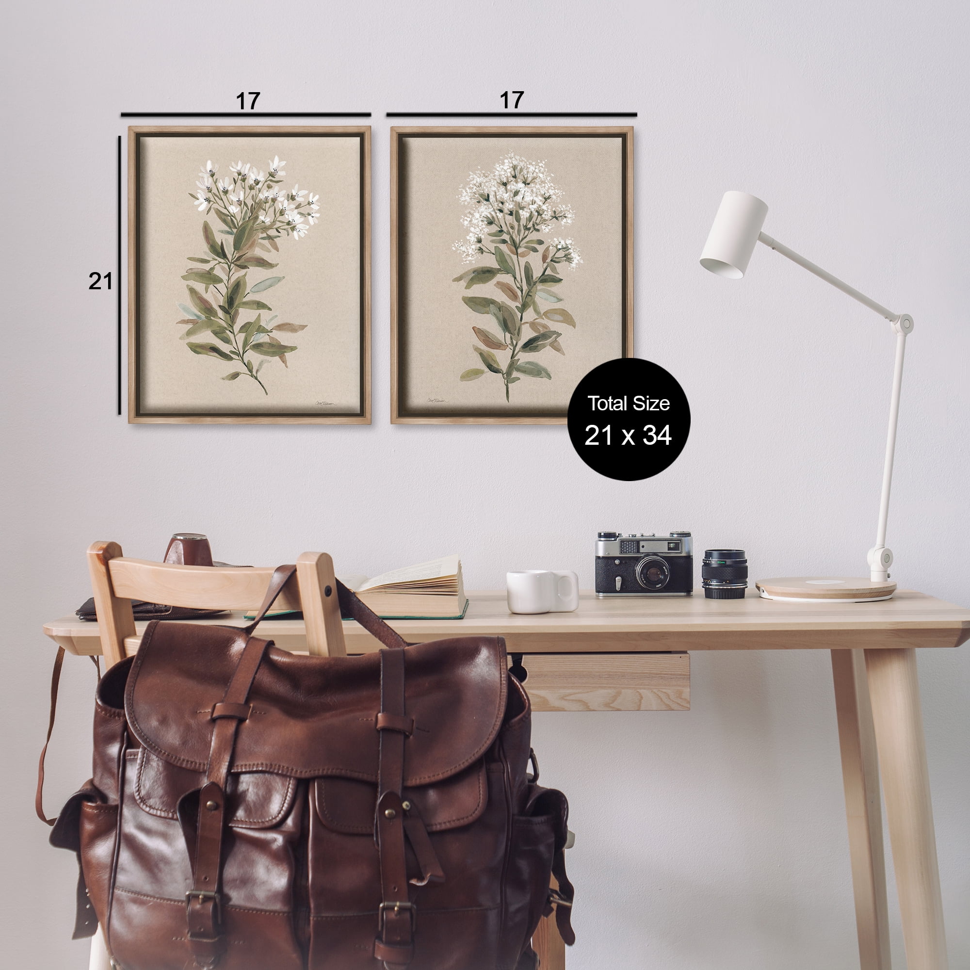 Stupell Industries Lovely White Floral Stem Plants & Flowers Painting Brown Floater Framed Canvas Art Print Wall Art, 17 x 21, Set of 2
