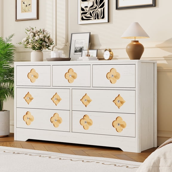 7 Drawer Dresser for Bedroom, 54'' Wide Dresser, Chest of Drawers, Wooden Chest with Clothes Storage Cabinet, Decorative Drawer Front Organizer for Bedroom, Living Room, Hallway, White