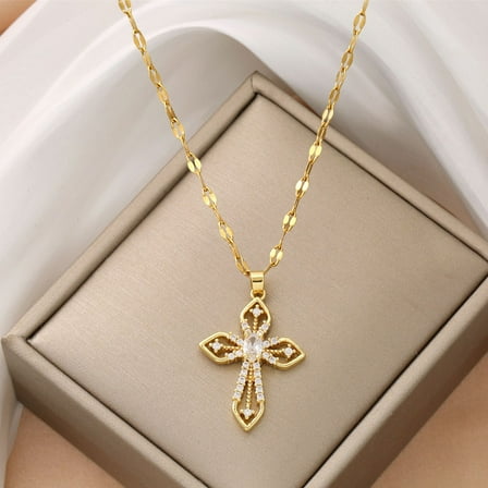 Women's Vintage Cross Necklace Light Luxury Temperament 14K Yellow Gold Versatile Collarbone Chain Jewelry