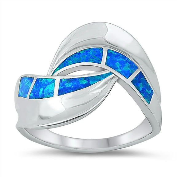 Blue Simulated Opal Twin Overlap Fashion Ring Sterling Silver Size 7