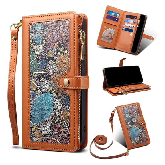 Dteck RFID Blocking PU Leather Wallet Card Case with Crossbody Strap for iPhone 17 Pro, Shockproof Zipper Pocket Flip Stand Cover, Brown