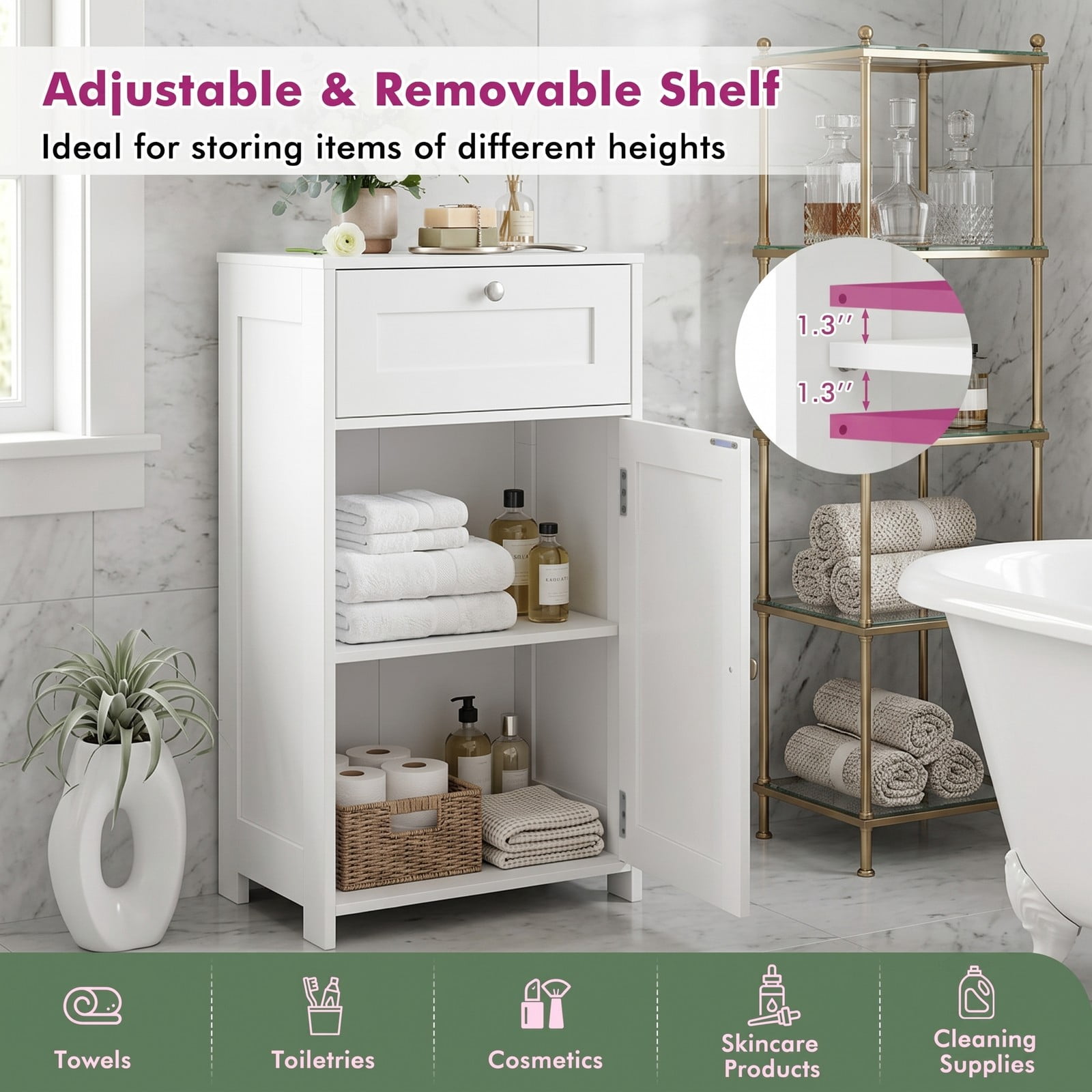 Fenbeli Single Door Bathroom Cabinet with Adjustable Shelf and Drawer, Freestanding Floor Storage Organizer Cabinet for Bathroom, Living Room, Entryway with, White