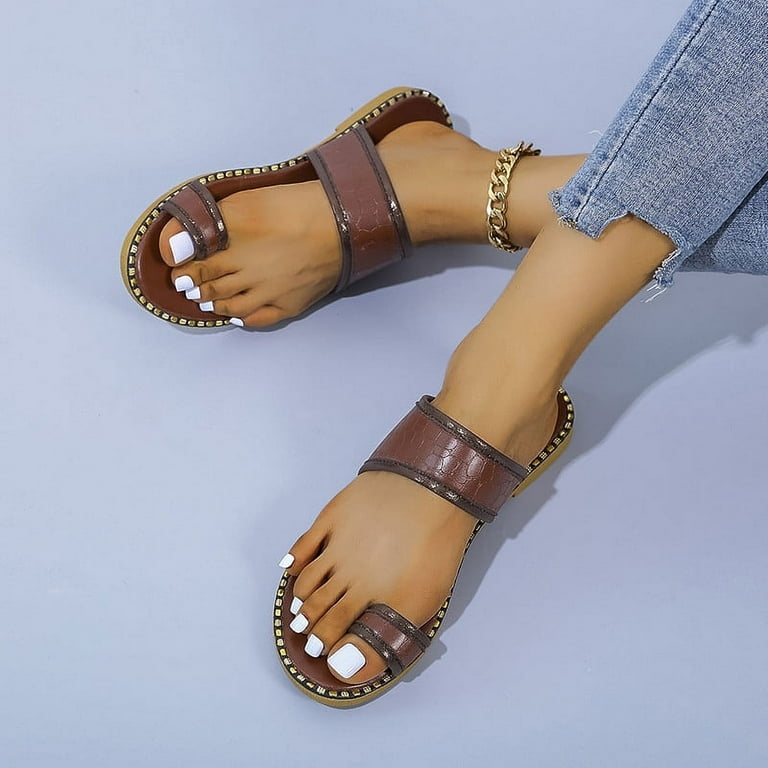 Women 2022 Casual Adjustable Hook Loop Sandals Summer Open Toe Slides Sandals Flat Sandal