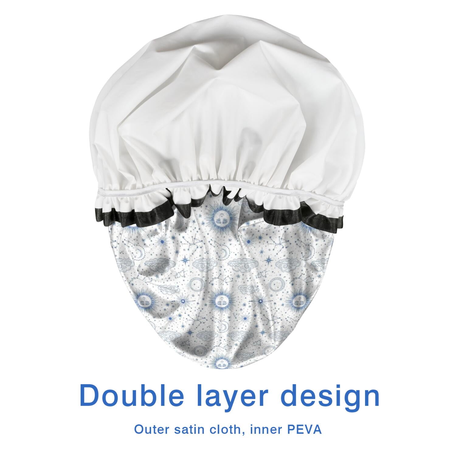 Shower Caps,White Blue Sun Moon Cloud Star Pattern Waterproof Shower Cap for Women 4 Pieces,Double Reusable Hair Cover for Shower PEVA Elastic Stretch Hem