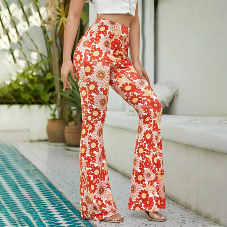 Floral Flare Leggings for Women, Elastic High Waist Bell Bottom Yoga Pants,  70s Vintage Skinny Summer Casual Pants