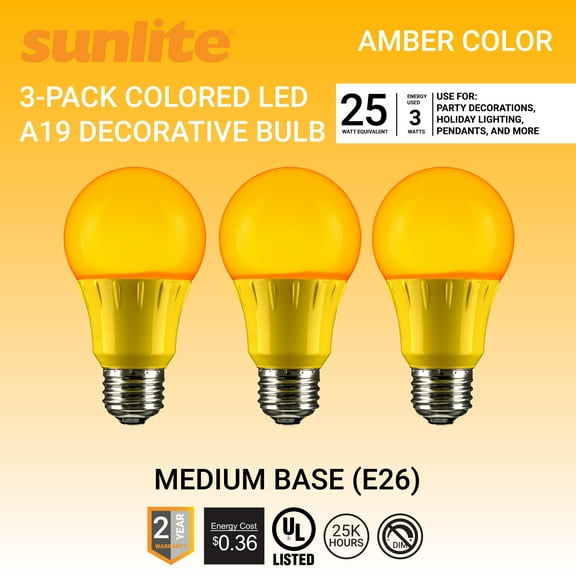 Pack of 3 Sunlite LED A Type Colored 3W Light Bulb Medium (E26) Base, Yellow