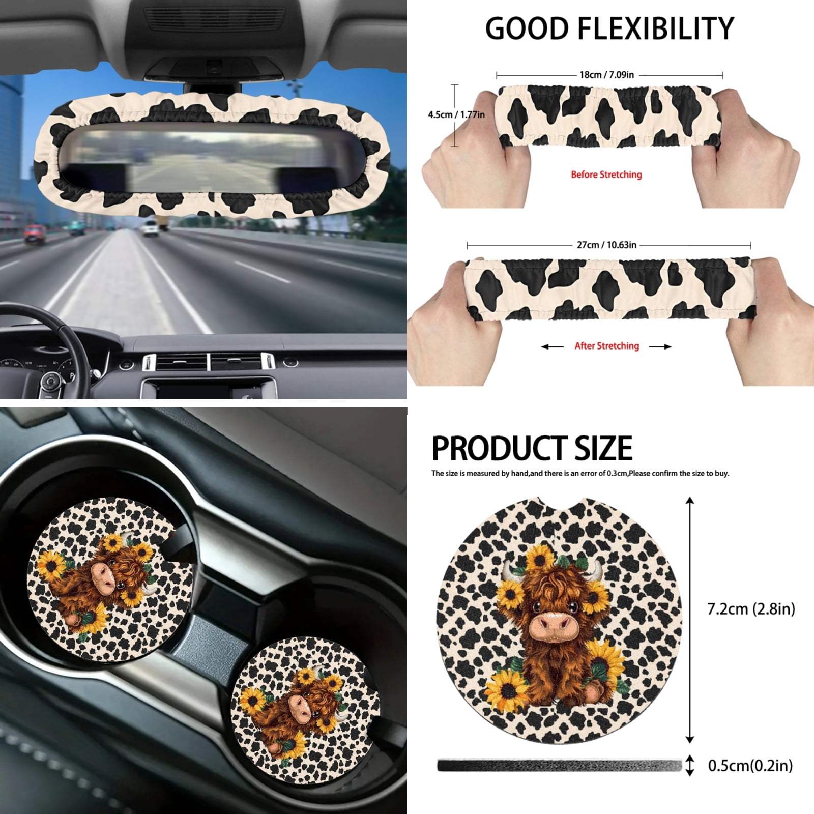 Yuyamidu 16 PCS Highland Cow Car Seat Covers and Steering Wheel Cover Sunflower Car Windshield Sun Shade Seat Belt Pad Cover Gear Shift Hand Brake Cover Rear View Mirror Cover Cup Holders Keychain