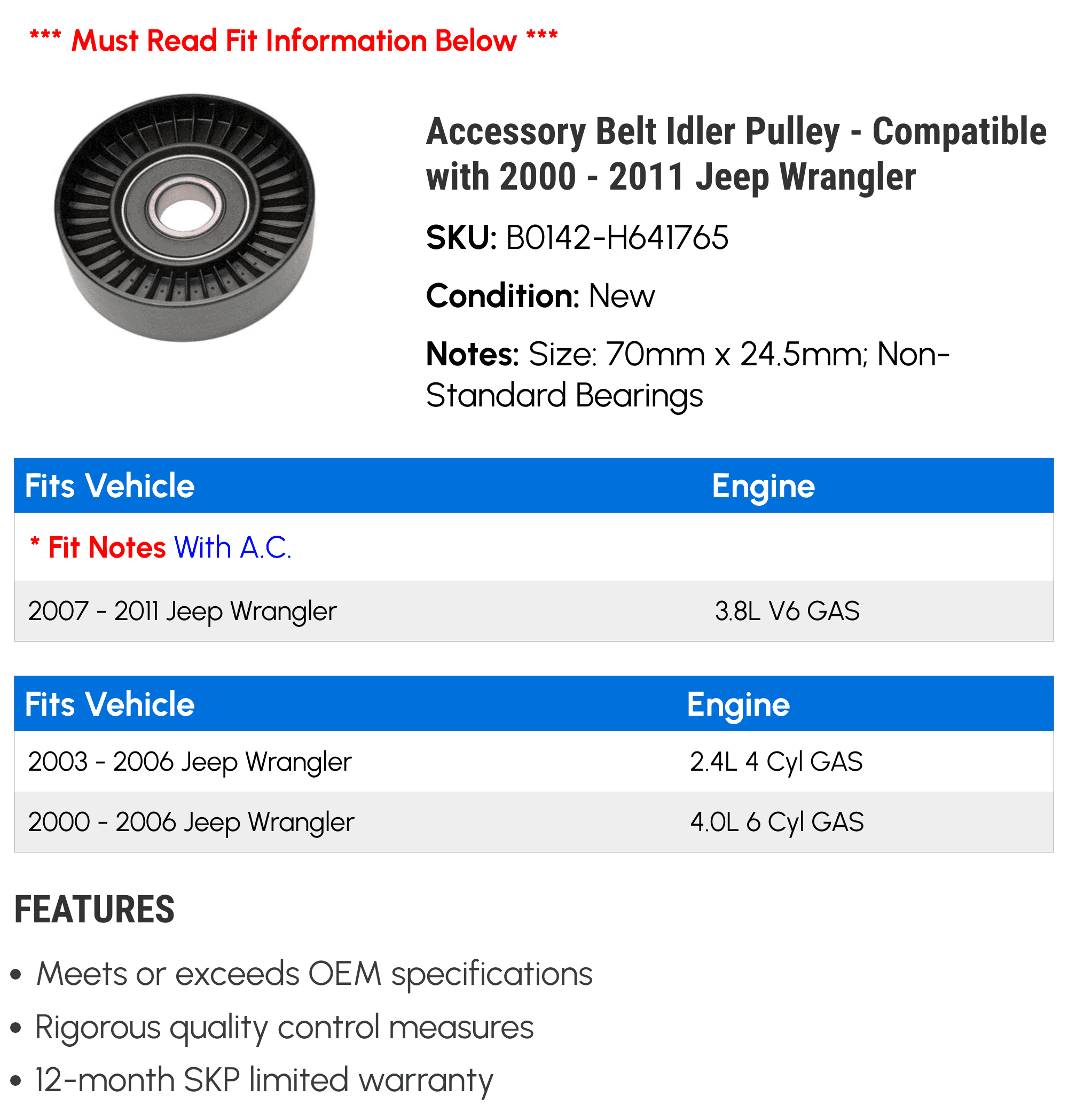 Accessory Belt Idler Pulley - Compatible with 2000 - 2011 Jeep Wrangler 2001 2002 2003 2004 2005 2006 2007 2008 2009 2010