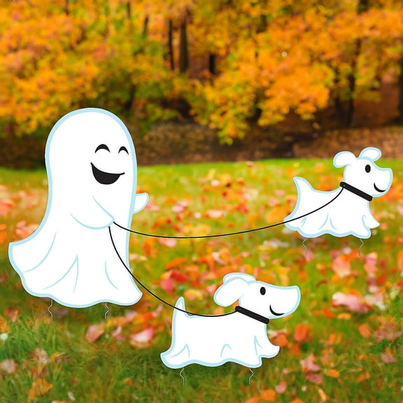 10 1/2" – 22 3/4" Halloween Ghost Dog Walker Plastic Yard Sign Set - 4 Pieces
