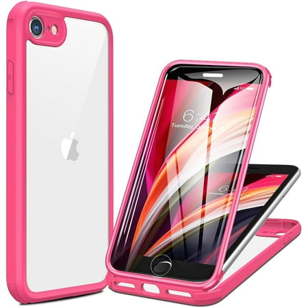 Glass iPhone SE Case 2020 2022/ iPhone 8 Case, Full-Body Drop Proof with Built-in Glass Screen Protector, iPhone SE Phone Case 3rd Generation/ 2nd Gen, Protective Front and Back Cover, Pink