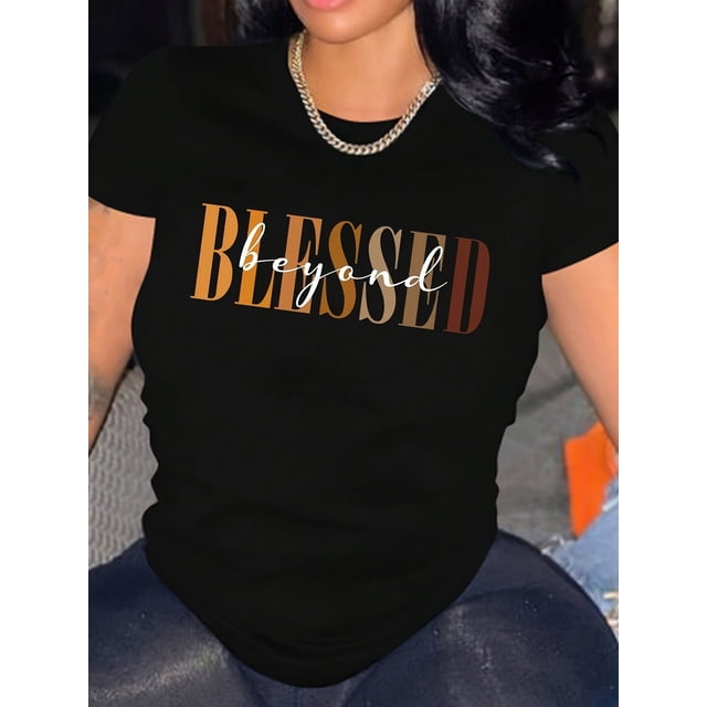 Spring Summer Women'S Casual Short-sleeved T-shirt, Printed With Blessing Letters, Round Neck Design