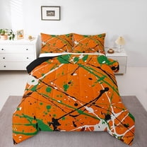 Manfei Orange Splash Splatter Bedding Comforter Set, Modern Watercolor Twin Comforter Sets, Chic Geometric Striped Reversible Bedding Set, Breathable Home Decor, 2pcs