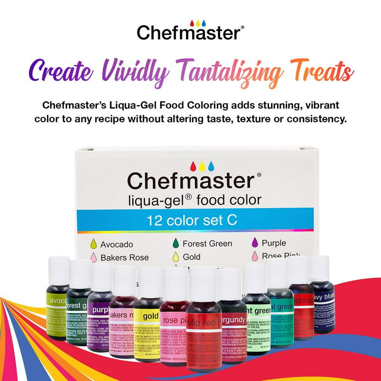 Chefmaster - Liqua-Gel Food Coloring - 12 Color Set B - Fade Resistant - 12  Pack - Vibrant, Eye-Catching Colors, Easy-To-Blend Formula, Fade-Resistant