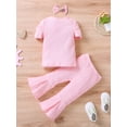 thumbnail image 3 of Franhais Toddler Long Pants Outfits, Solid Color Short Puff Sleeve T-Shirt + Elastic Flare Pants + Bow-Knot Hairpin Set, 3 of 9