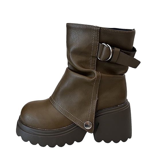 Xfvqtps Womens Square Toe Ankle Boots Chunky Heel Buckle Strap Fashion Booties French Style Slouchy Leather Casual Boots for Women Fall Winter