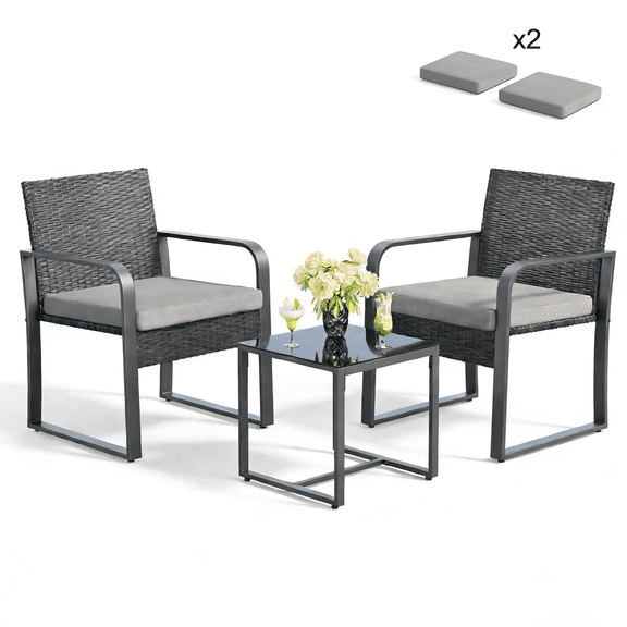 Lofka 3-Piece Patio Chairs Set with Glass Coffee Table, Outdoor Furniture Set for Garden, Porch, Bistro, Yard, Gray Cushion