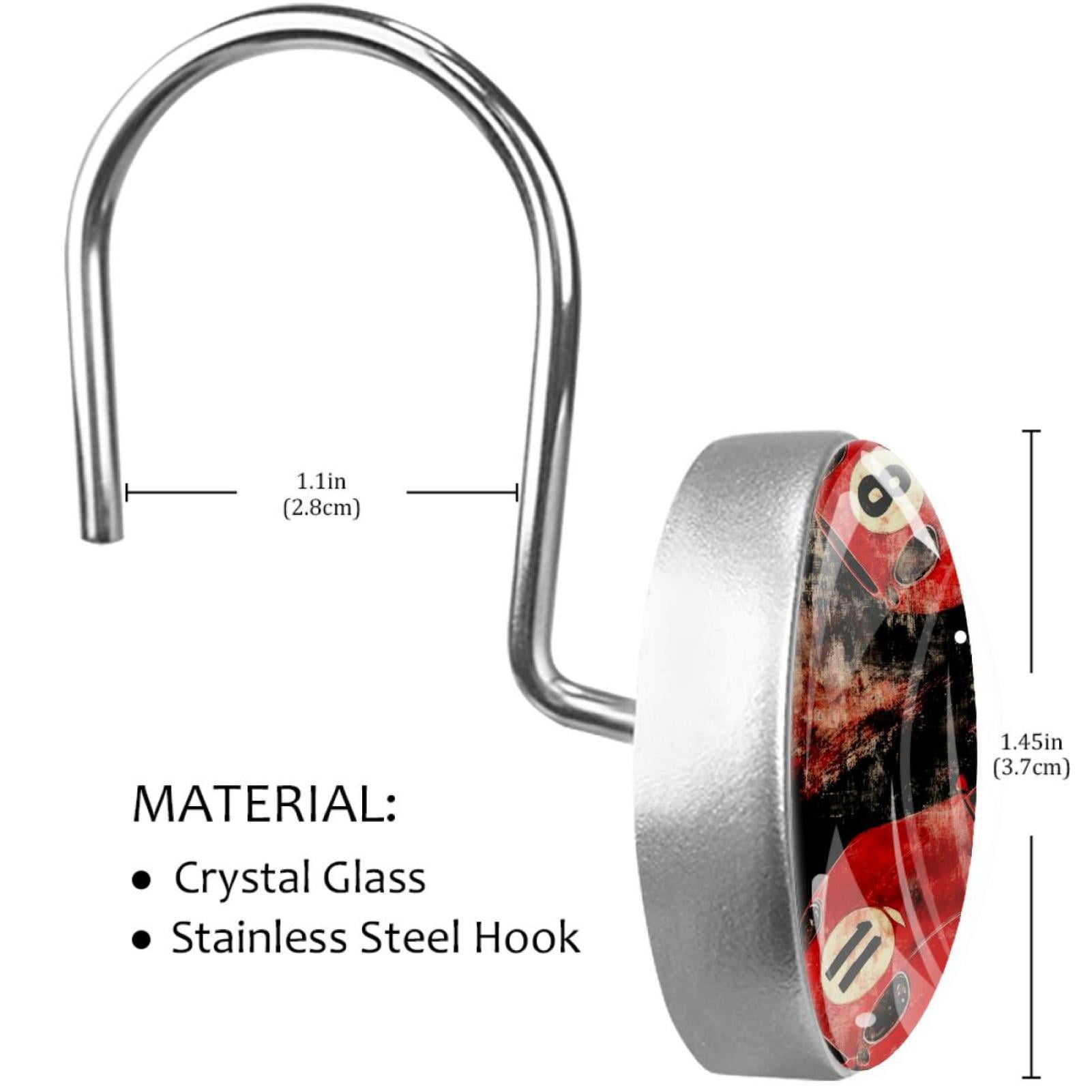 Red Racing Cars Grunge Black Shower Curtain Hooks Round Crystal Glass, Set of 12 Shower Curtain Rings - Shower Hooks for Curtain Shower Rings
