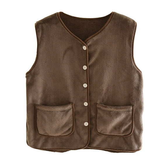 jtjvou Womens Thick Flannel Cardigans Vest Button Down Sleeveless 2025 Winter Soft Warm Fleece Outerwear with Pockets Brown M