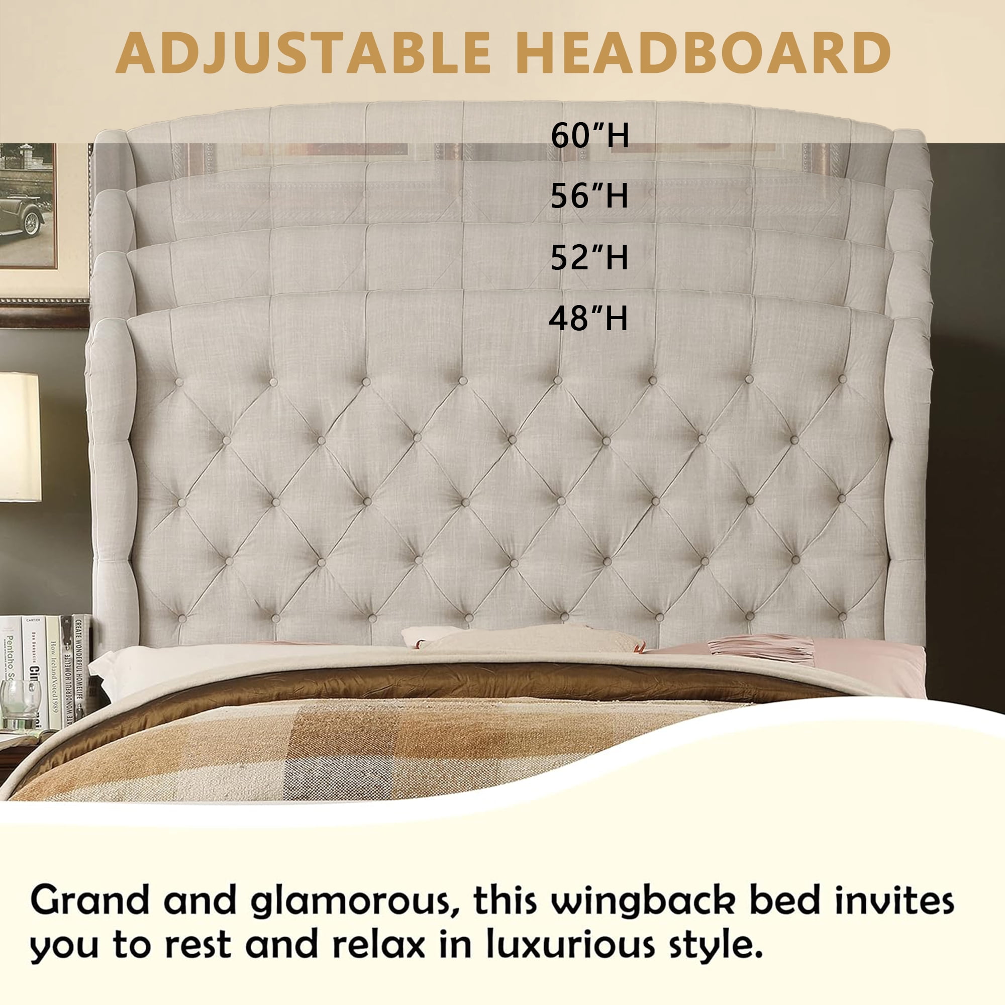 Queen Size Classical Bed Frame with Adjustable Button Tufted Headboard, Fabric Upholstered Platform Bed Frame for Bedroom, Strong Wooden Slat Support, Easy Assembly, Beige