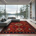 thumbnail image 2 of ODIKA 6'x9' Red Vibrant Geometric Symmetry Design Washable Area Rug Intricate Tribal Motifs with Bold Border Detailing for Queen Size Bedroom, Under Bed, Master Suite, Easy Care, Non-Shedding, 2 of 7