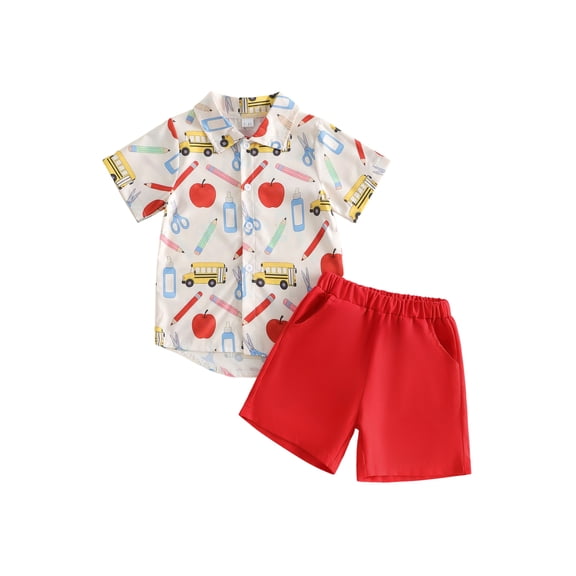 BemeyourBBs Toddler Baby Boys Back to School Outfit Kids Kindergarten Outfits Baby Boy Summer Clothes Stationery Apple Print Collar Short Sleeve Button Down Shirt Tops and Pockets Shorts Set