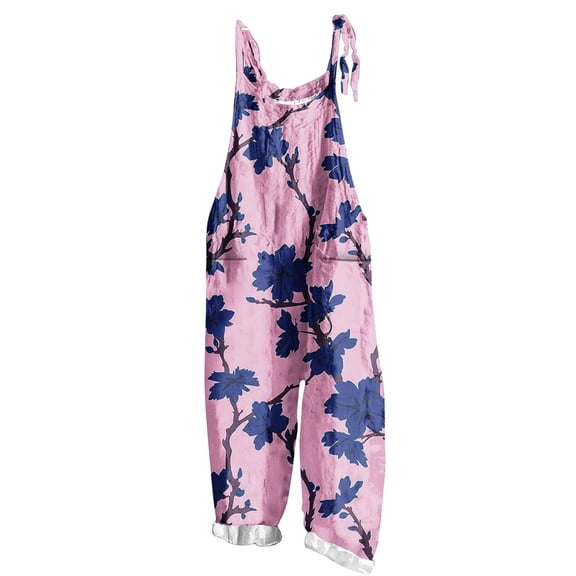 AHTJRT Women's Casual Jumpsuits Breathable Summer Hawaiian Tropical Floral Printed Jumpsuits Capri Pants Loose Sleeveless Rompers with Pockets Red M