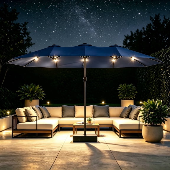 KAMEROUT 15ft Double Sided Patio Umbrella with Base & Lights, Large Outdoor Umbrella for Patios, Poolside and Market, Navy Blue