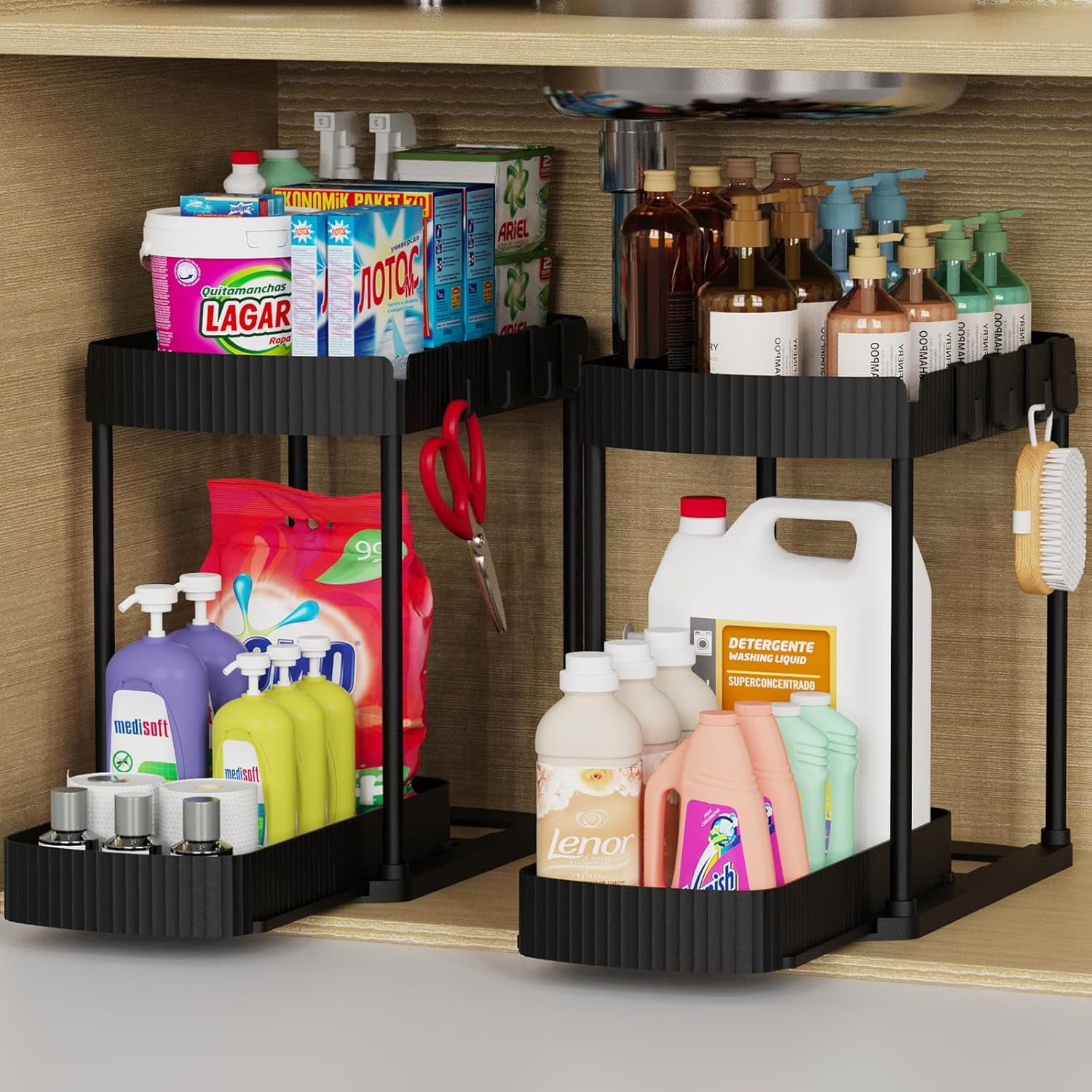 2 Floors Multi-Purpose Pull-Out Storage Organizers, Under Sink Organizers and Storage for Bathroom & Kitchen, Under Cabinet Organizers and storage, 12.8 Inch, Grey