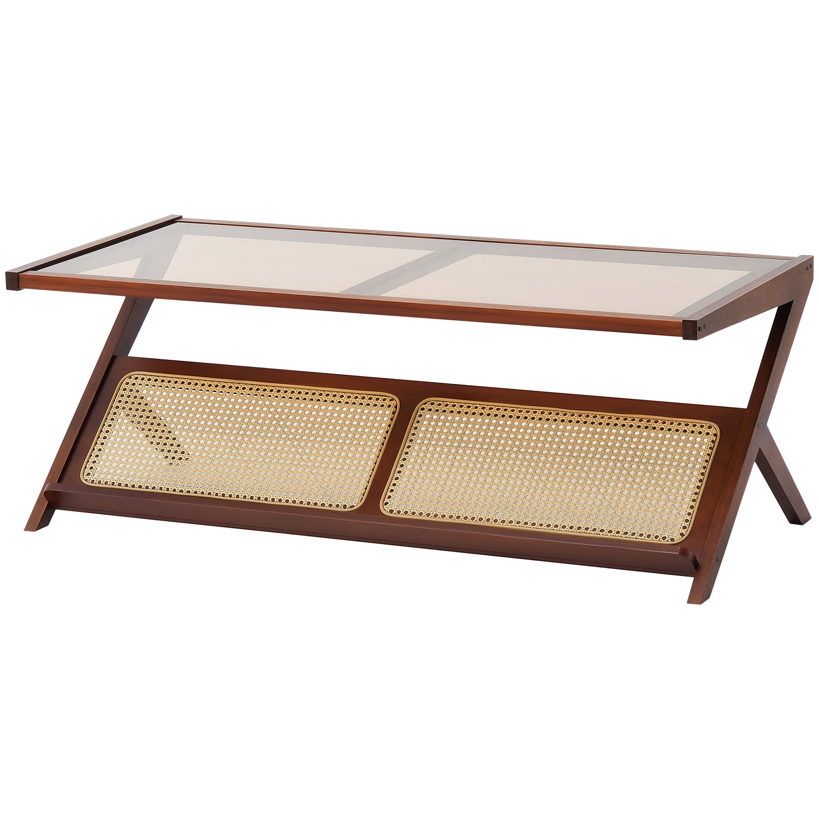 KFFKFF Wicker Coffee Table, Z-Form Wicker Weaved Bamboo Table with Hardened Glass Surface, 47” Contemporary Bohemian Storage Table with Authentic Bamboo Supports, for Lounge, Sleeping Quarters