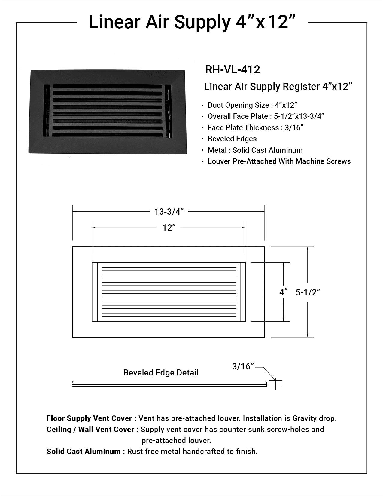 Linear 4"x10" Solid Cast Aluminum Air Supply louvered Vent | Powder Coated