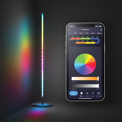 Feit Electric Lampe de Sol Intelligente 42 Pouces Changement de Couleur, RGBW, WiFi LED Lampe de Coin Debout, Synchronisation Musicale, Fonctionne avec Alexa et Google Assistant, Finition Aluminium Noir Moderne, 8 Watts, FLOOR42/RGB/BLK/AG