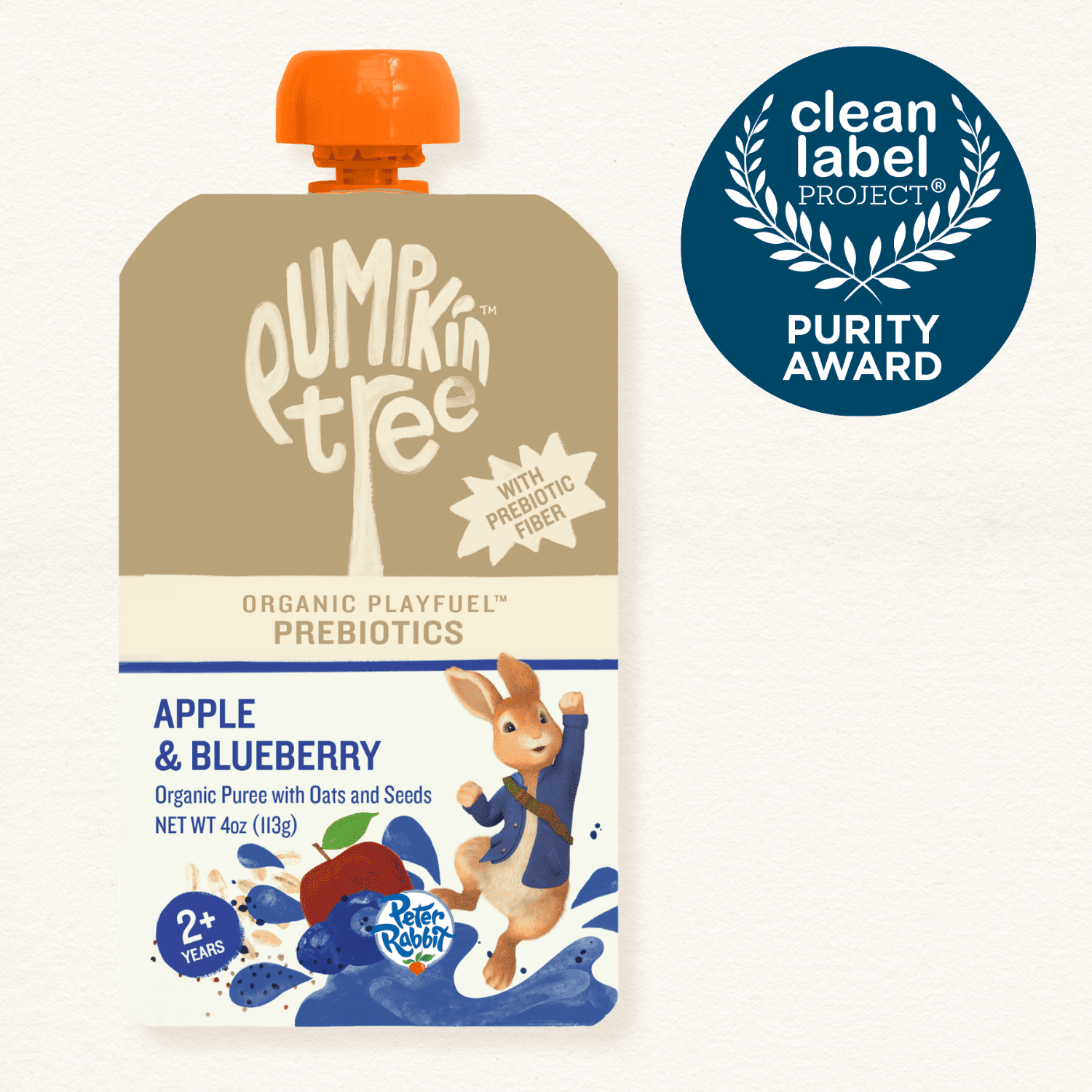 Pumpkin Tree Organics Peter Rabbit Prebiotic Fiber, Oats and Seeds Apple & Blueberry Fruit Snack, 4 Ounce Squeeze Pouch