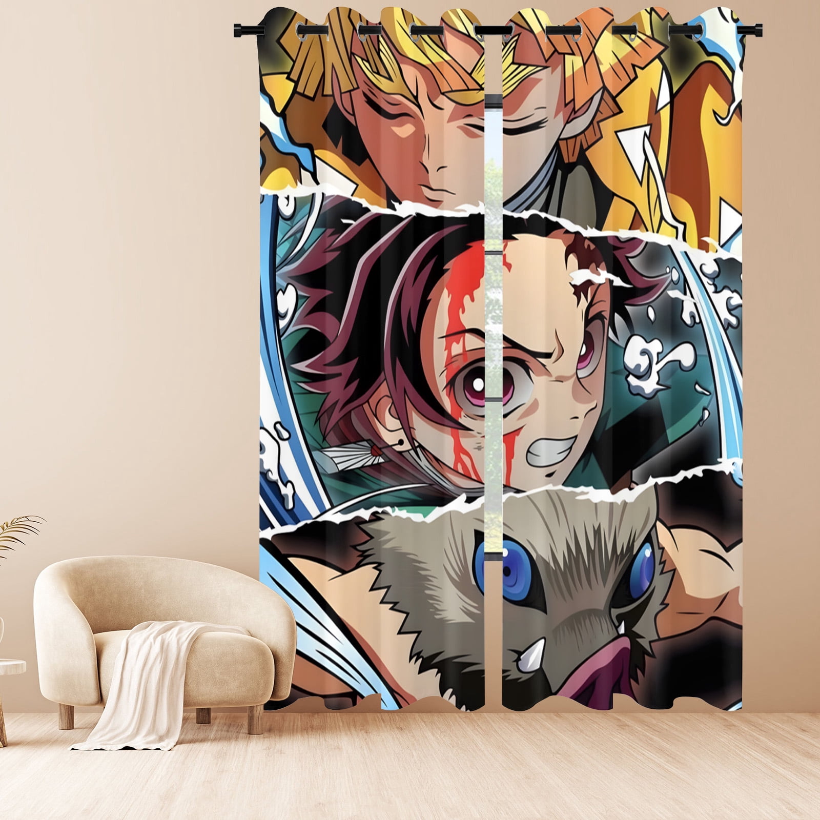Anime Curtains for Bedroom Drapes Slayer Tanjirou Inosuke Kyoujurou Print Design Window Treatments Curtain Panel Set, 2-Panels, 55" W x 63" L