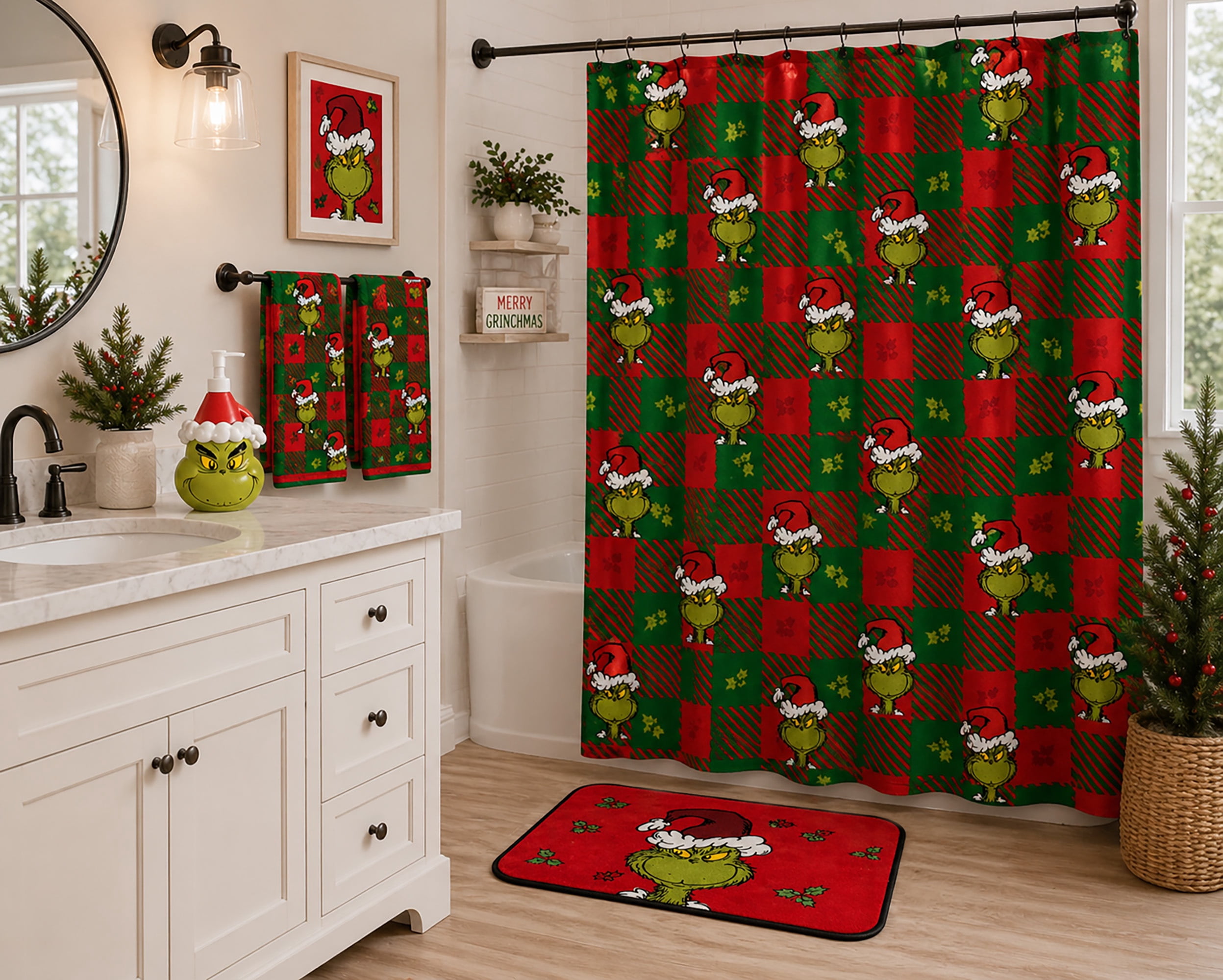 Grinch Christmas Plaid Fabric Shower Curtain, 72 x 72