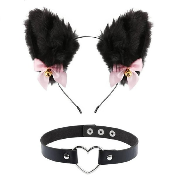 Diadema Con Orejas De Gato Peludas De Felpa Para Halloween Y Gargantilla De Corazón, Conjunto De Collar Con Campana, Accesorios De Cosplay Para Fiesta De Halloween Monstrate AP007137-02