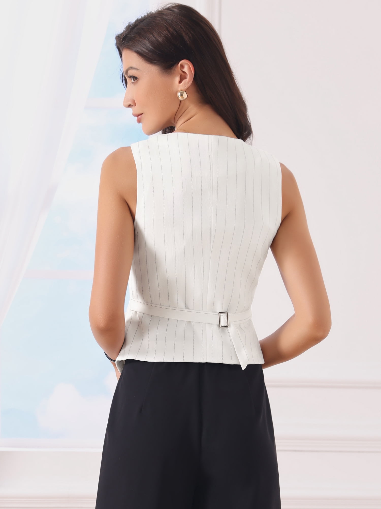 DARING DIVA Women's V Neck Sleeveless Button Down Striped Trendy Waistcoat S White