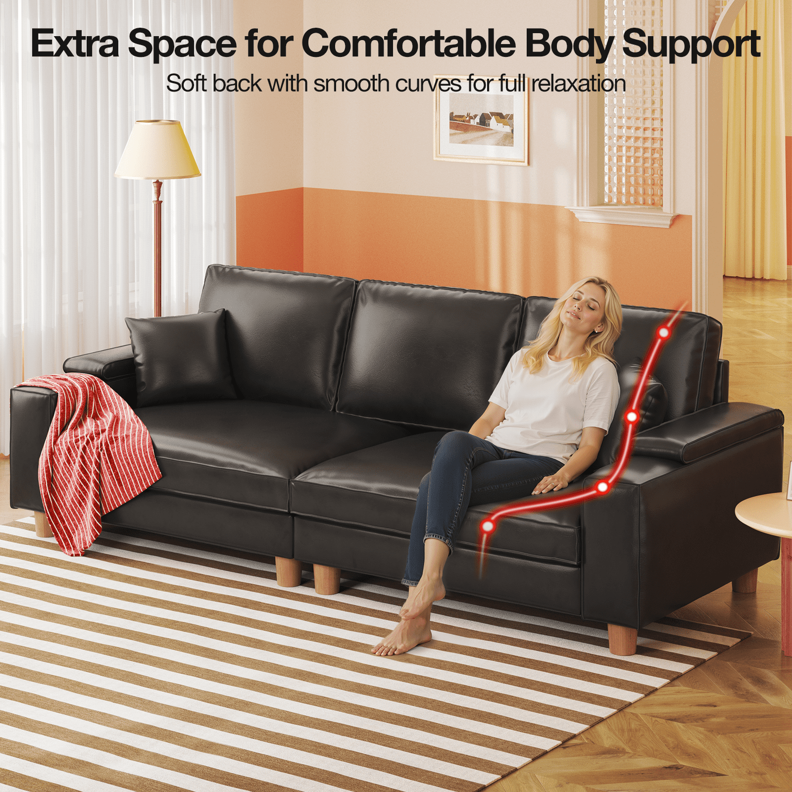 101" Large PU Leather Sofa Couch, Spring Cushion Modern Couch with 24" Extra Deep Seat, Wide Storage Armchair, Comfy Upholstered Oversized Loveseat (Includes 2 Pillows) for Living Room, Office, Black