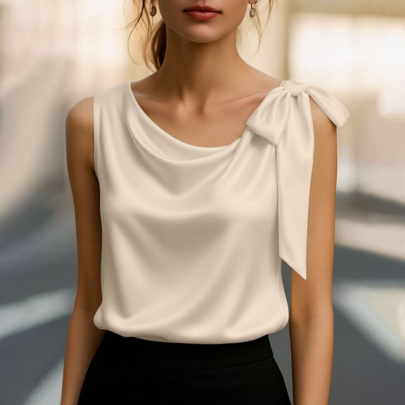 Xdegoge Tank Top for Women Scoop Neck Sleeveless Dressy Satin Silk Like Cowl Neck Side Bow Tie Shoulder Elegant Party Business Work Office Fashion Summer Tops