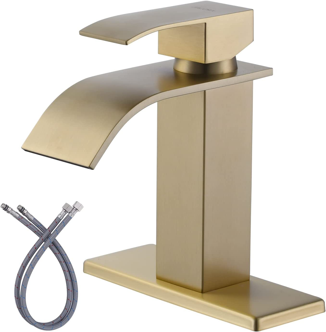 WOWOW Brushed Gold Waterfall Bathroom Faucet Single Handle Faucet for