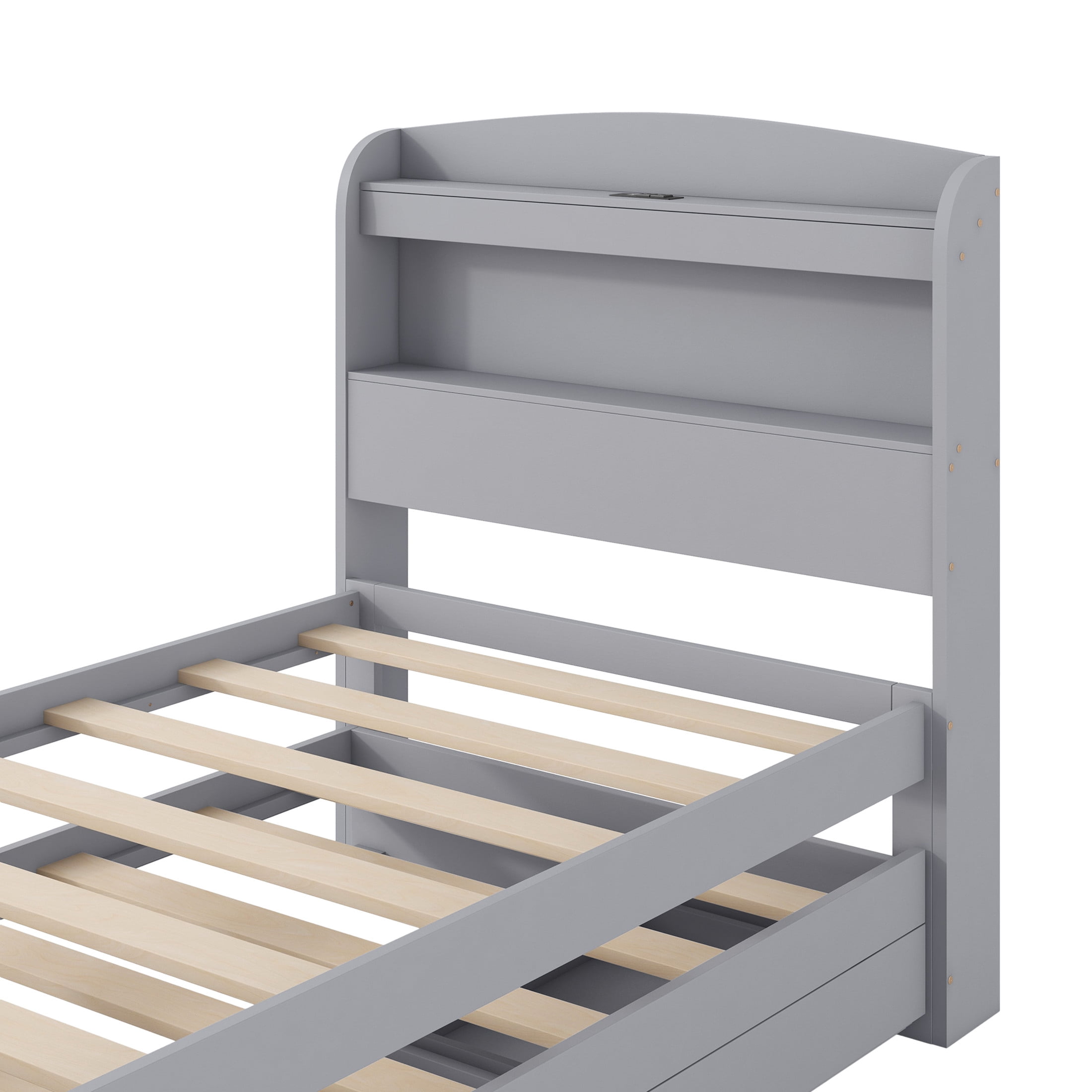 Noble House Arley Twin XL Platform Bed with LED Storage Headboard, Charging Station and Integrated Trundle, Gray