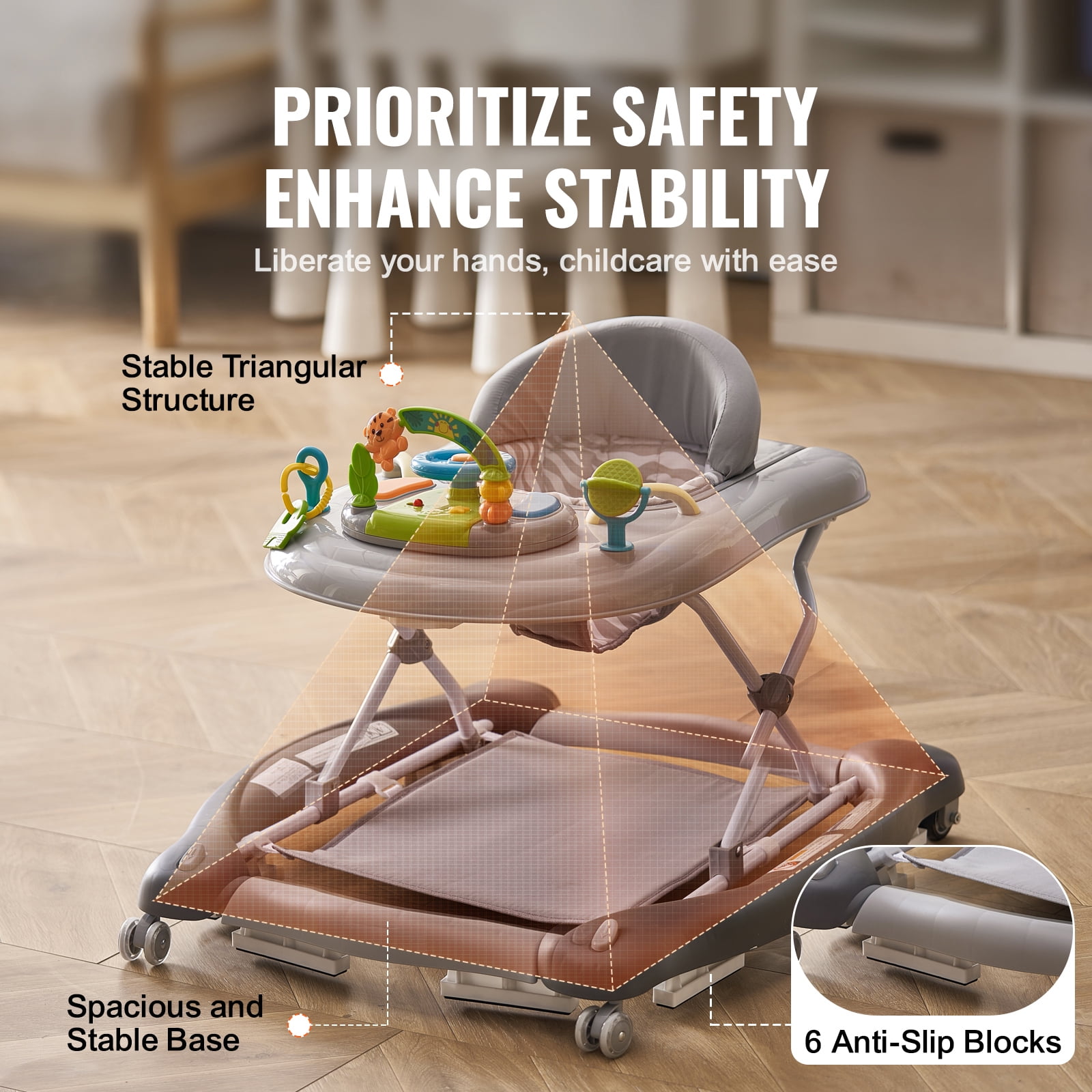 KFFKFF Baby Walker 4 in 1, Foldable Height Adjustable Baby Walker with Wheels, Infant Toddler Walker with Foot Pads, Anti-Fall Baby Walker With Music & Toys Tray for Boys and Girls 6-24 Months