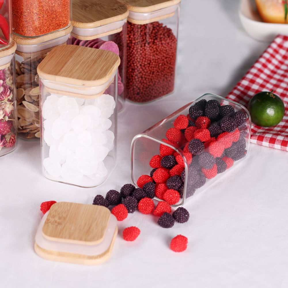 10 Pcs Glass Spice Jars 8oz Clear Empty Square Food Storage Containers with Bamboo Airtight Lid and Labels - Thicken Small Glass canister