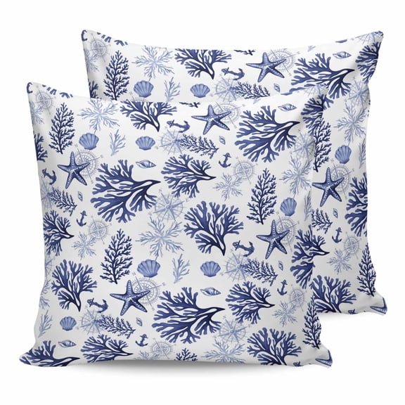 14x14 Pillow Covers Set of 2, Navy Blue Coastal Throw Pillow Covers Decorative Couch Cushion Case, Coral Starfish Seaside Summer Beach Microfiber Square Pillowcases for Bedroom Car Living Room