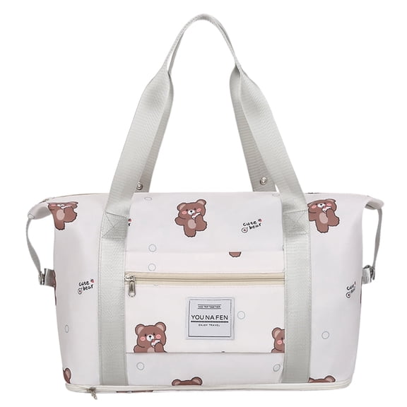 Expandable Large Travel Duffel Bag, Cute Cartoon Print Weekender Overnight Tote Bag Dry-Wet Separation Gym Bag w/ Luggage Sleeve&Detachable Shoulder Strap Expandable Bottom Sports Hospital Bag Beige