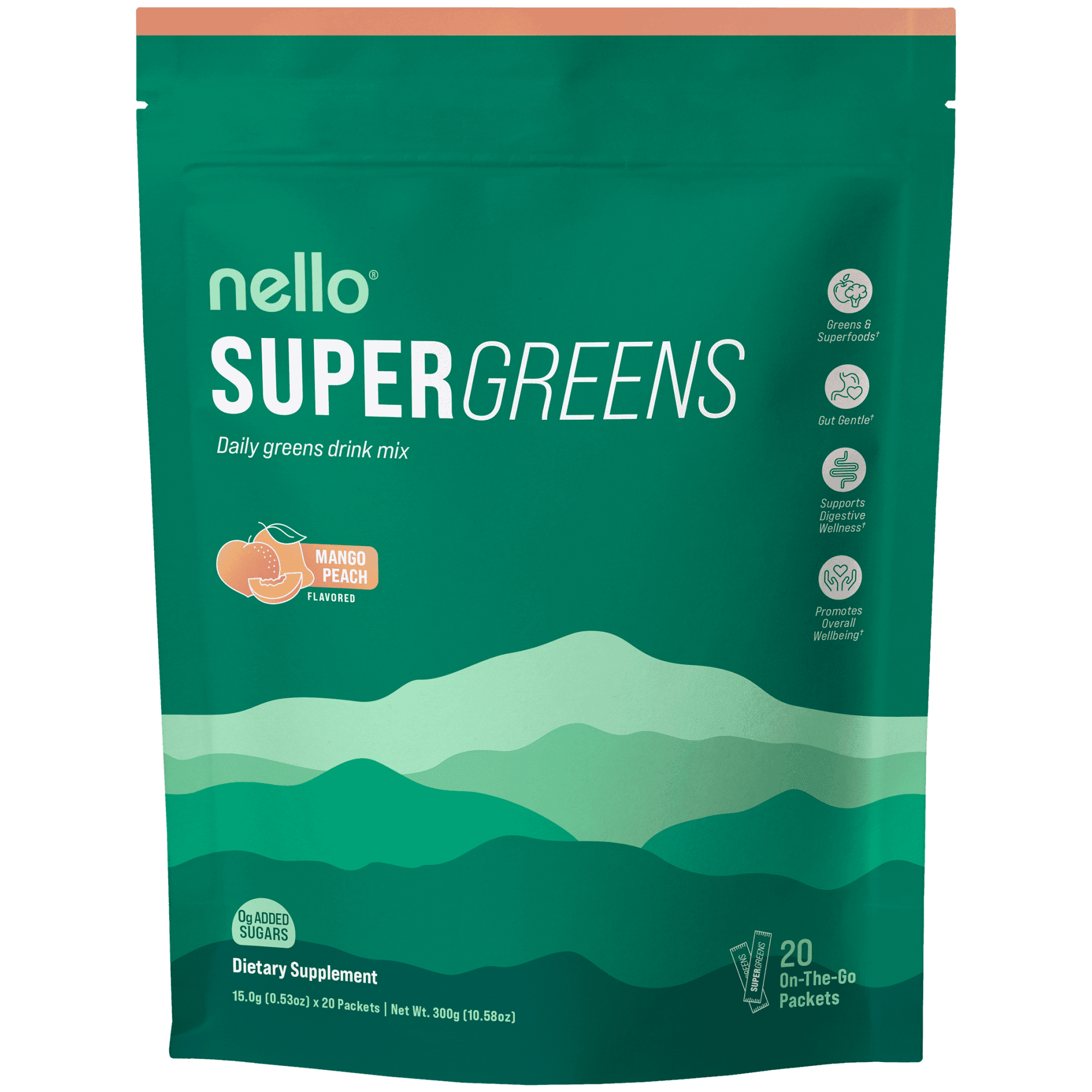 Supergreens Premium Superfood Greens Drink Mix w/Chlorella, Moringa, Spinach & Broccoli + Digestive Enzymes & Probiotic Blend -Nutrient-Packed Powder (Mango Peach 20 Servings, Travel Pack)