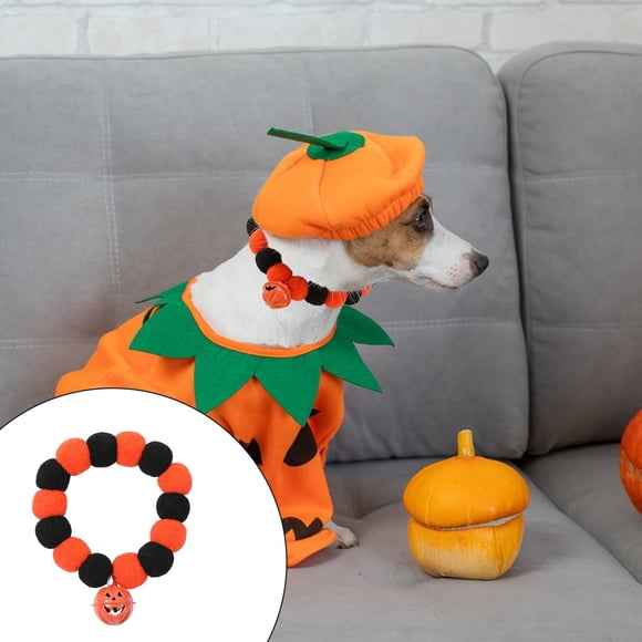 Collar de Bolas de Pelo para Mascotas de Halloween, Collar de Cascabeles de Calabaza para Gatos, Collar de Bolas de Pelusa para Perros de Halloween, Collar Elástico, Accesorios Suaves y Golosinas de