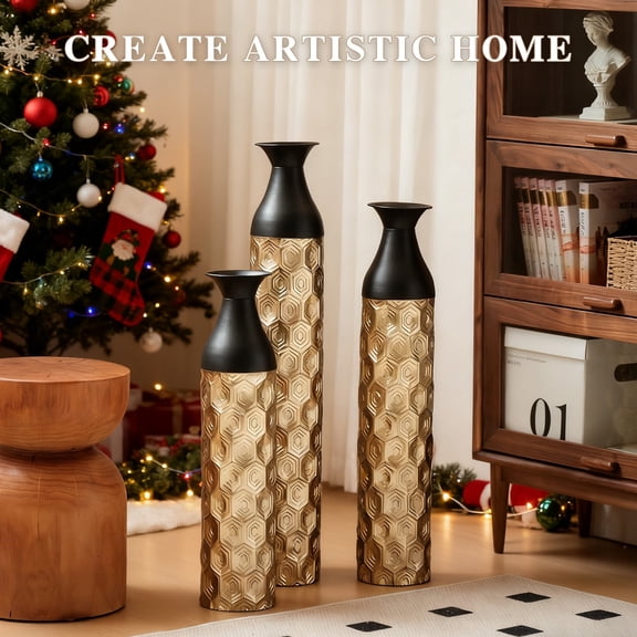 Moomuto Black & Gold Geometric Metal Floor Vases, Set of 3, 24.8-33.8in Tall for Glam Decor
