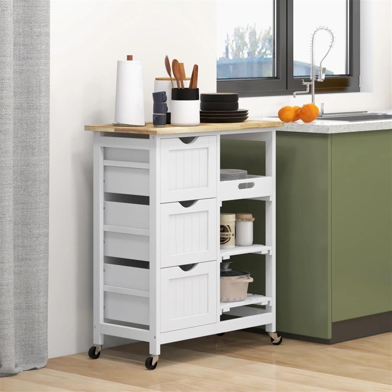 Demi Bonn 33" Kitchen Island Cart on Wheels with Shelves, Rolling Dining Room Serving Utility Carts Mobile Movable with Wood Top and Drawer, White